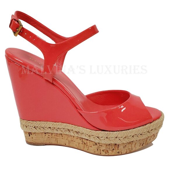 GUCCI SHOES HOLLIE PATENT LEATHER PLATFORM WEDGE ESPADRILLE SANDAL PINK 38.5 8.5 - Picture 3 of 12
